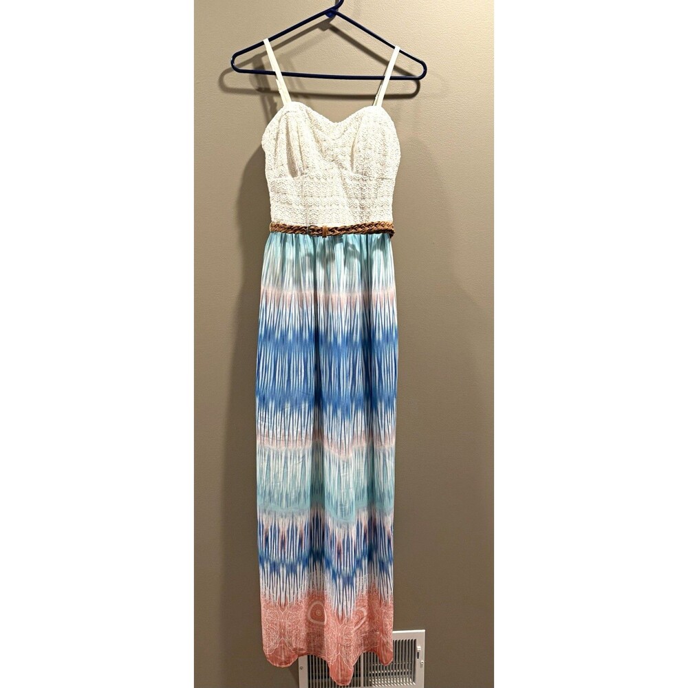 Lily Rose Women’s Multicolor Ikat Crochet Belted Maxi Dress Size M
